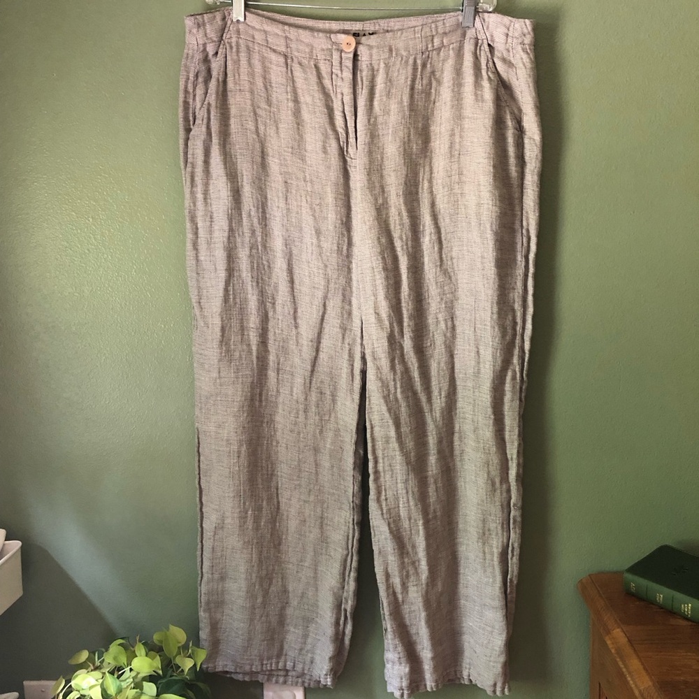 Flax 100% Linen Large Pants Trousers Button and Zipper Pockets Gray Beige